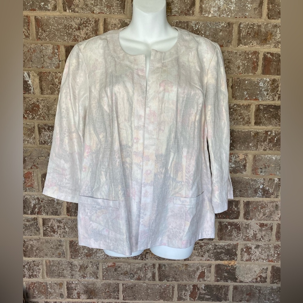 Chico’s Linen Open Front Blazer Size L hints green pink 3/4 sleeve Minimalist